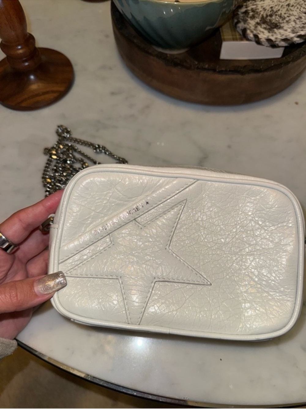White Star-Accent Leather Crossbody Silver Strap Bag